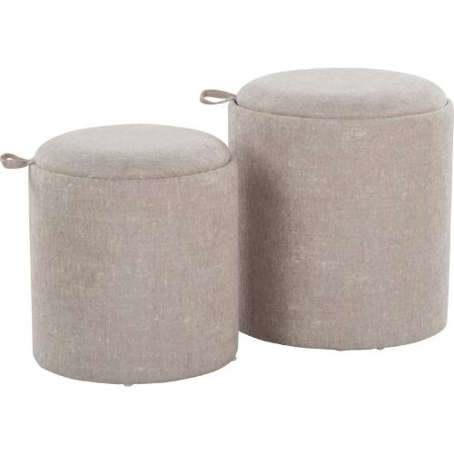 Tray Nesting Ottoman Set in Light Brown Fabric & Natural Wood